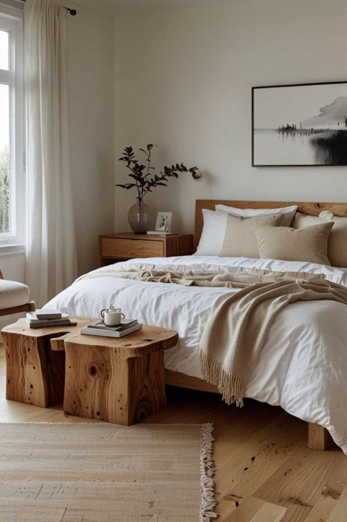 Dormitorio decorado con banco rústico de madera.