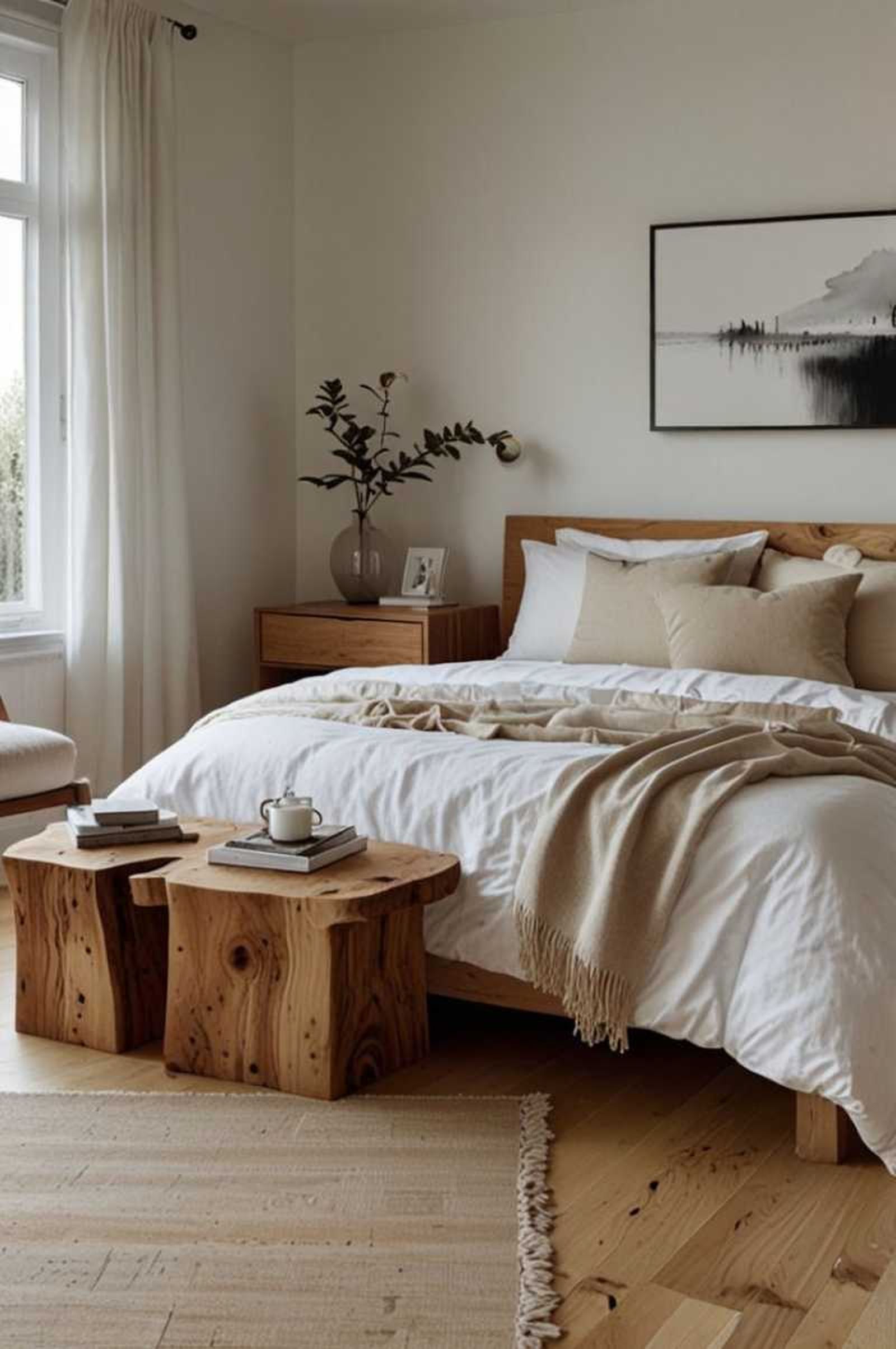 Dormitorio decorado con banco rústico de madera.