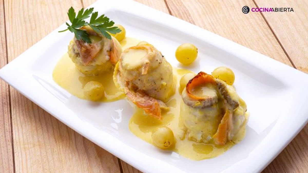 Popietas de gallo y salmón en salsa