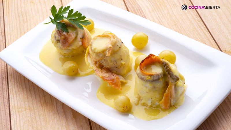 Popietas de gallo y salmón en salsa