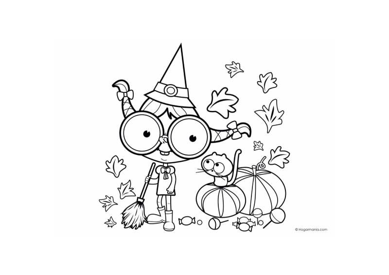 Dibujo otoñal para colorear de una bruja con gato y calabazas.