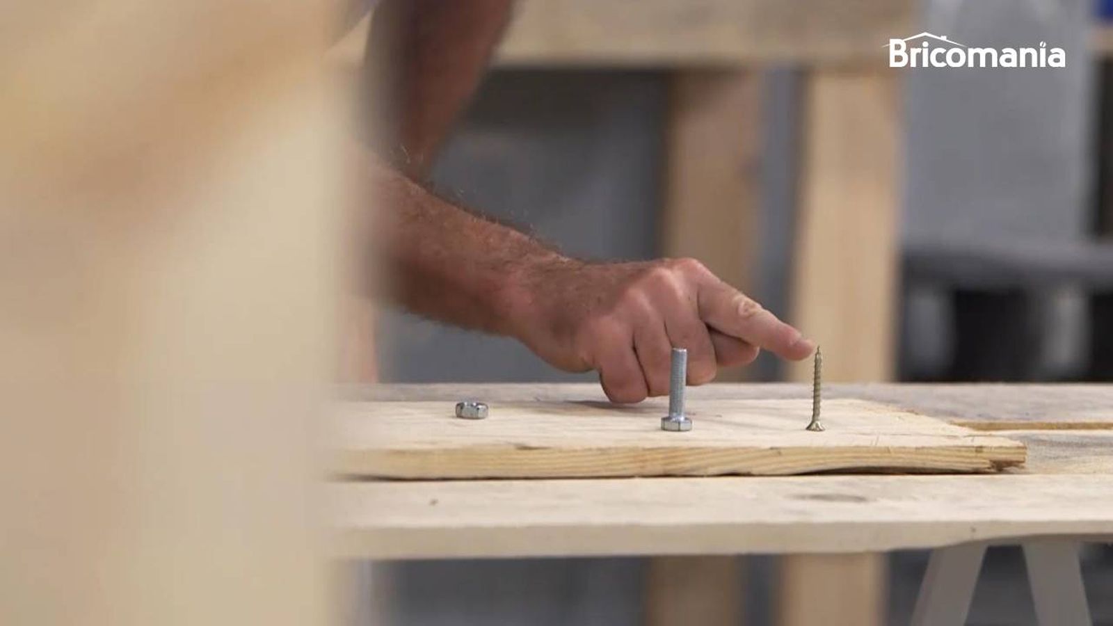 Un tornillo y un tirafondo en una mesa