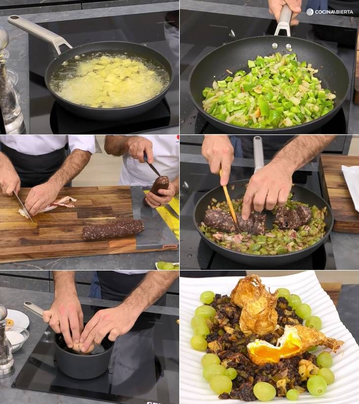 Huevos rotos migas morcilla pasos