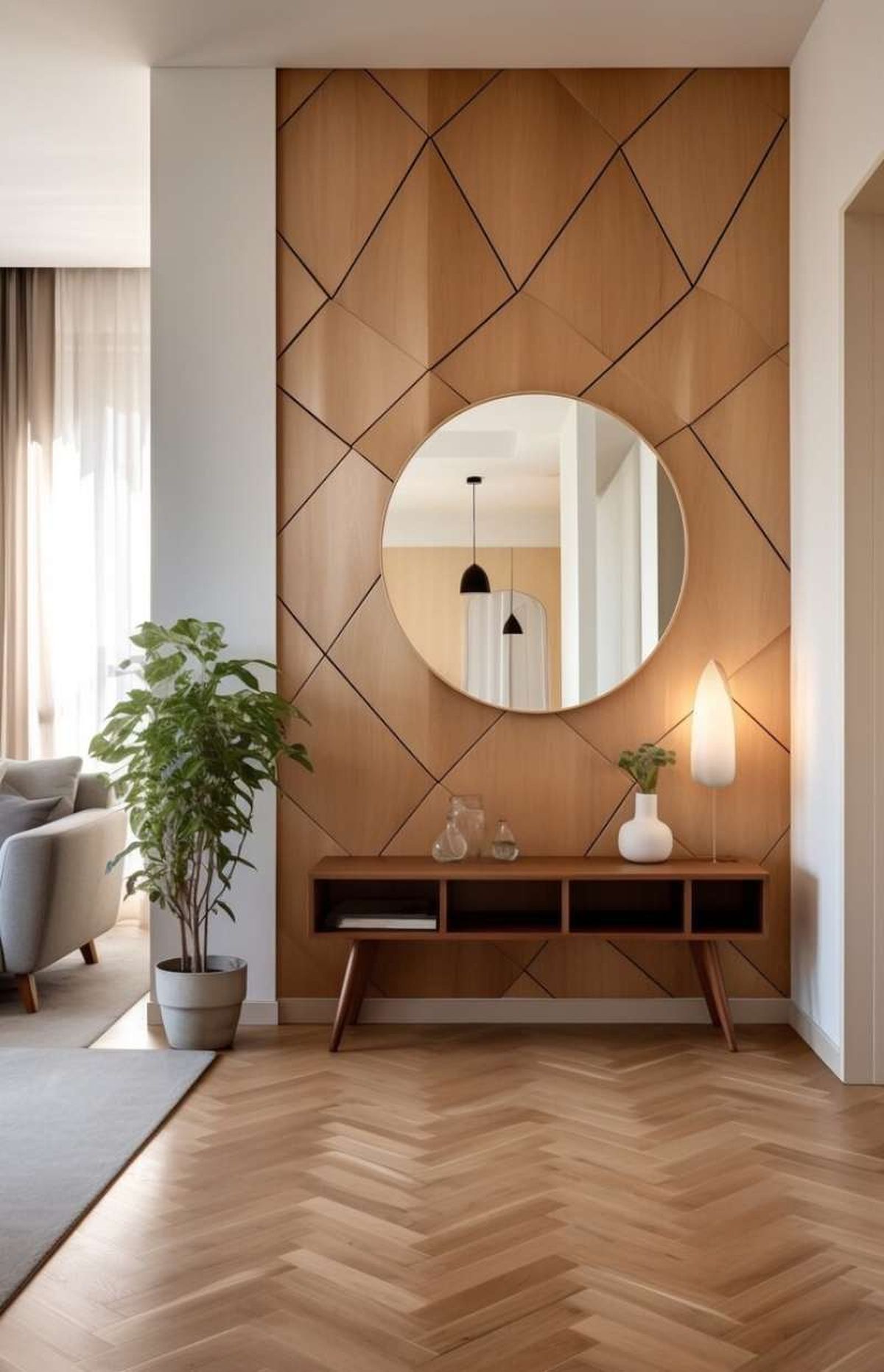 Entrada con espejo redondo para buena energía según el feng shui.