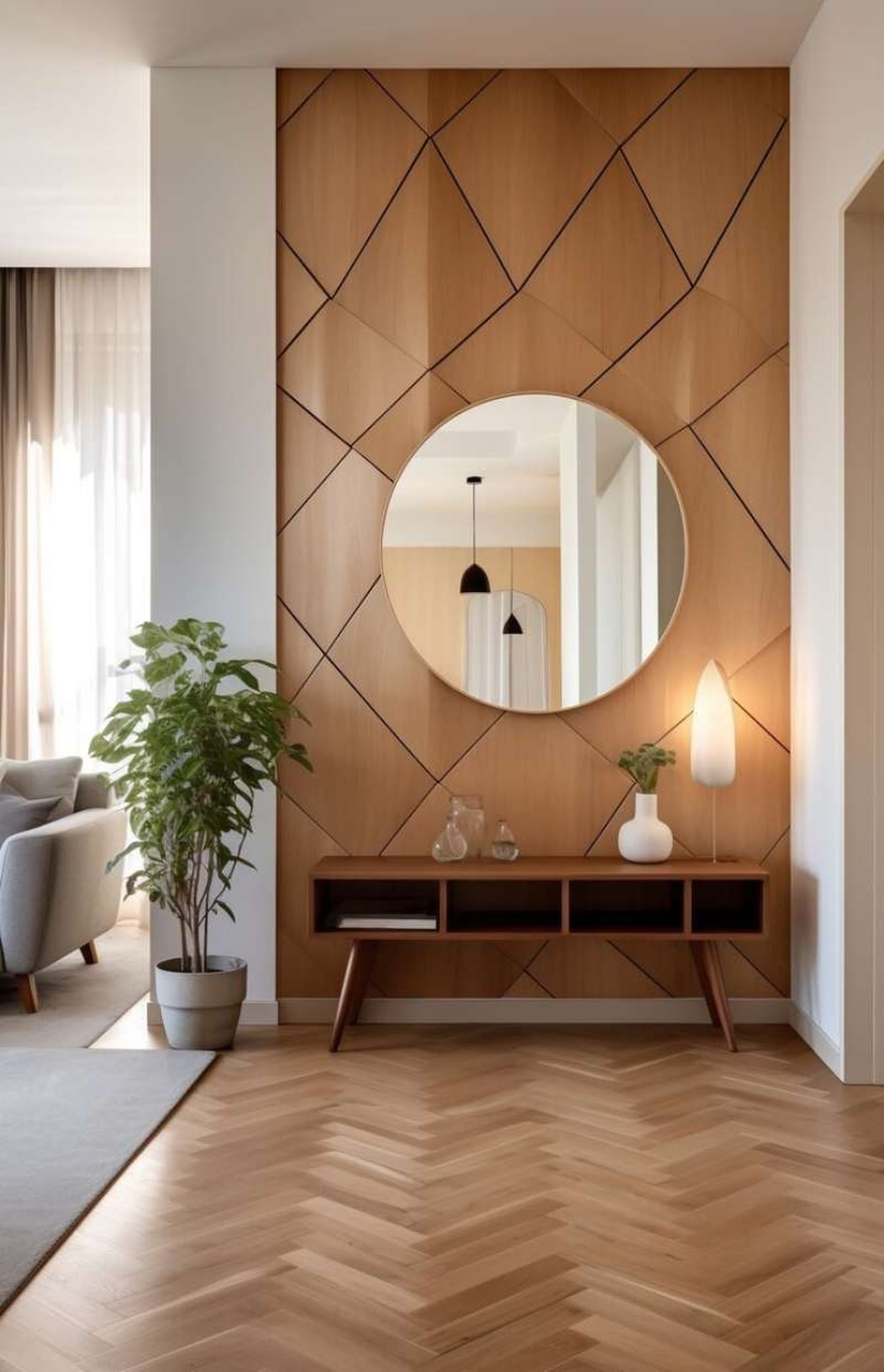 Entrada con espejo redondo para buena energía según el feng shui.