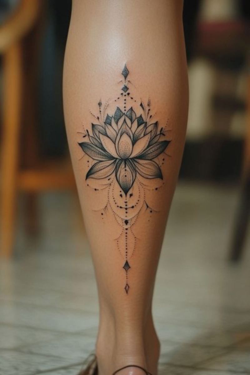 Tatuaje de una flor de loto en la pantorrilla