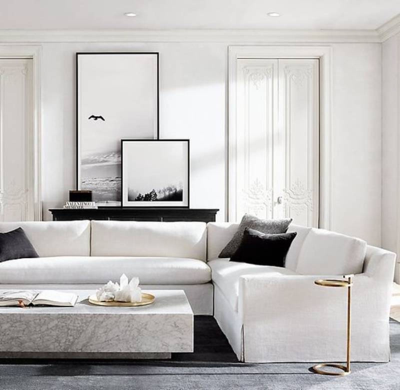 Salón decorado con dos fotos grandes de naturaleza en blanco y negro.