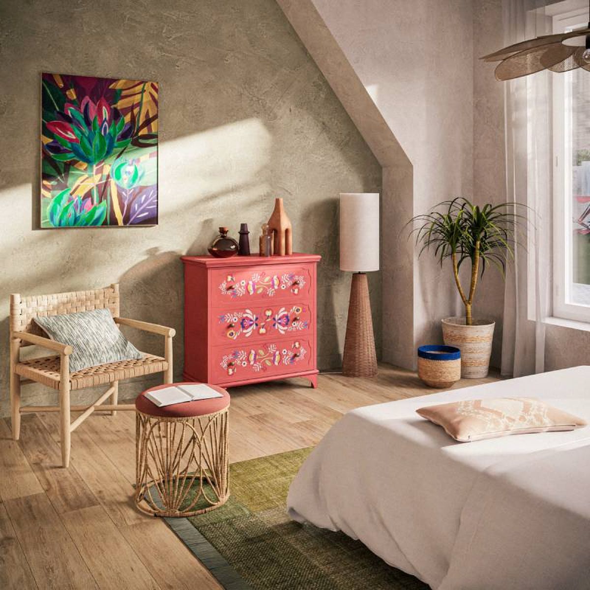 Dormitorio bonito y relajante con la cómoda Roulotte.