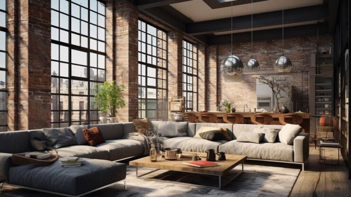 Salón amplio con grandes ventanales de estilo industrial.