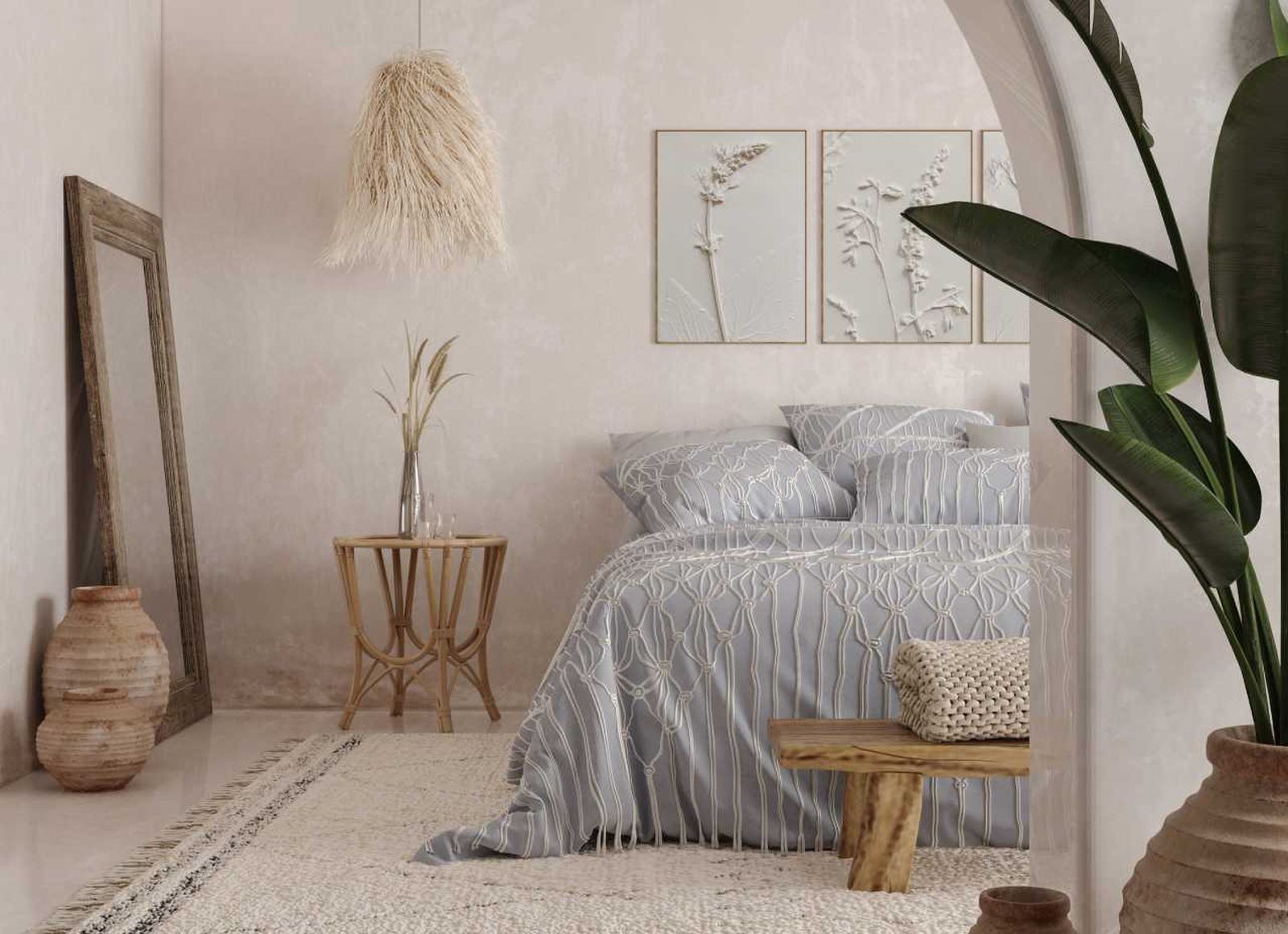 Dormitorio decorado según la filosofía wabi-sabi.