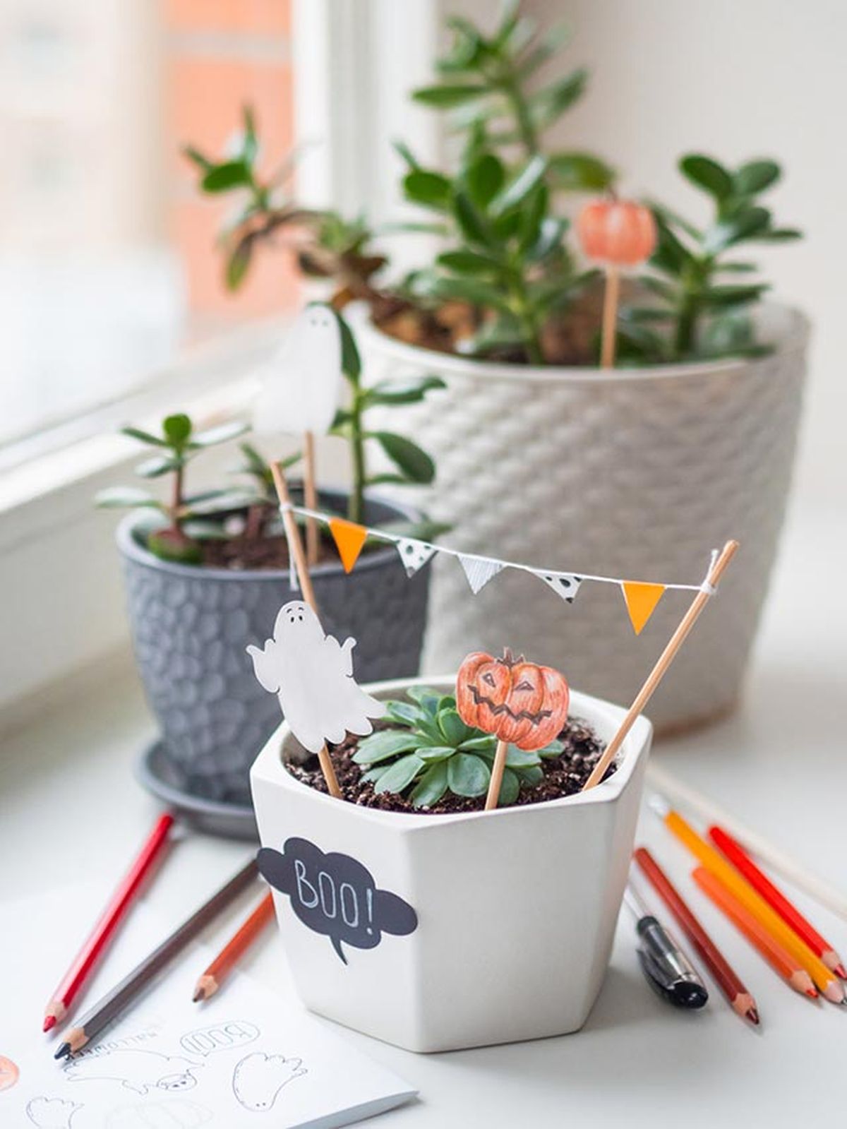 manualidades halloween decorar plantas interior banderillas