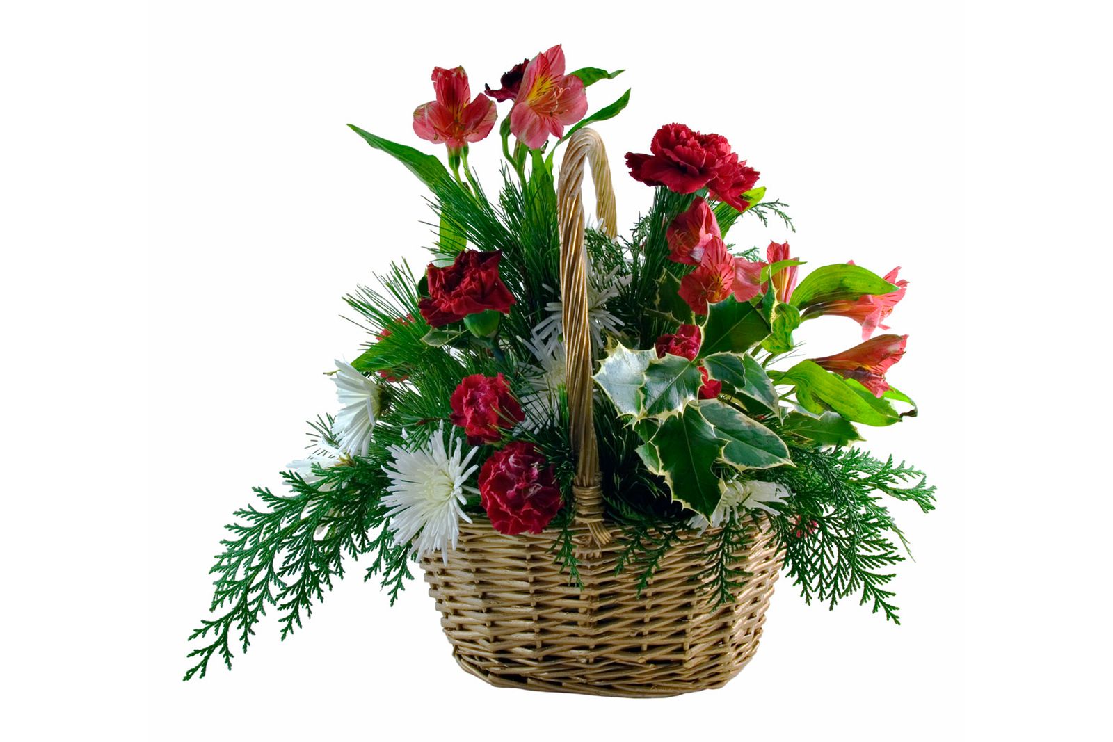 Composición floral navideña en cestos de mimbre de jardineria