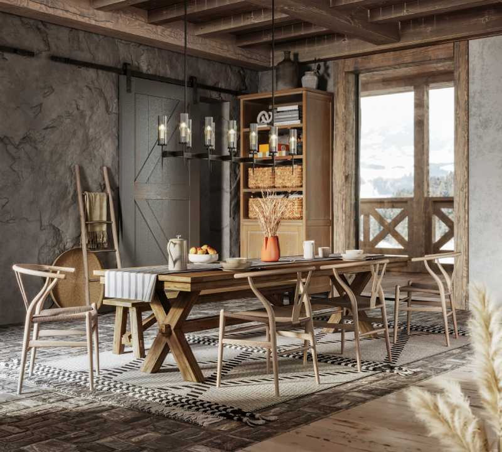 Comedor de estilo occidental con complementos rústicos.