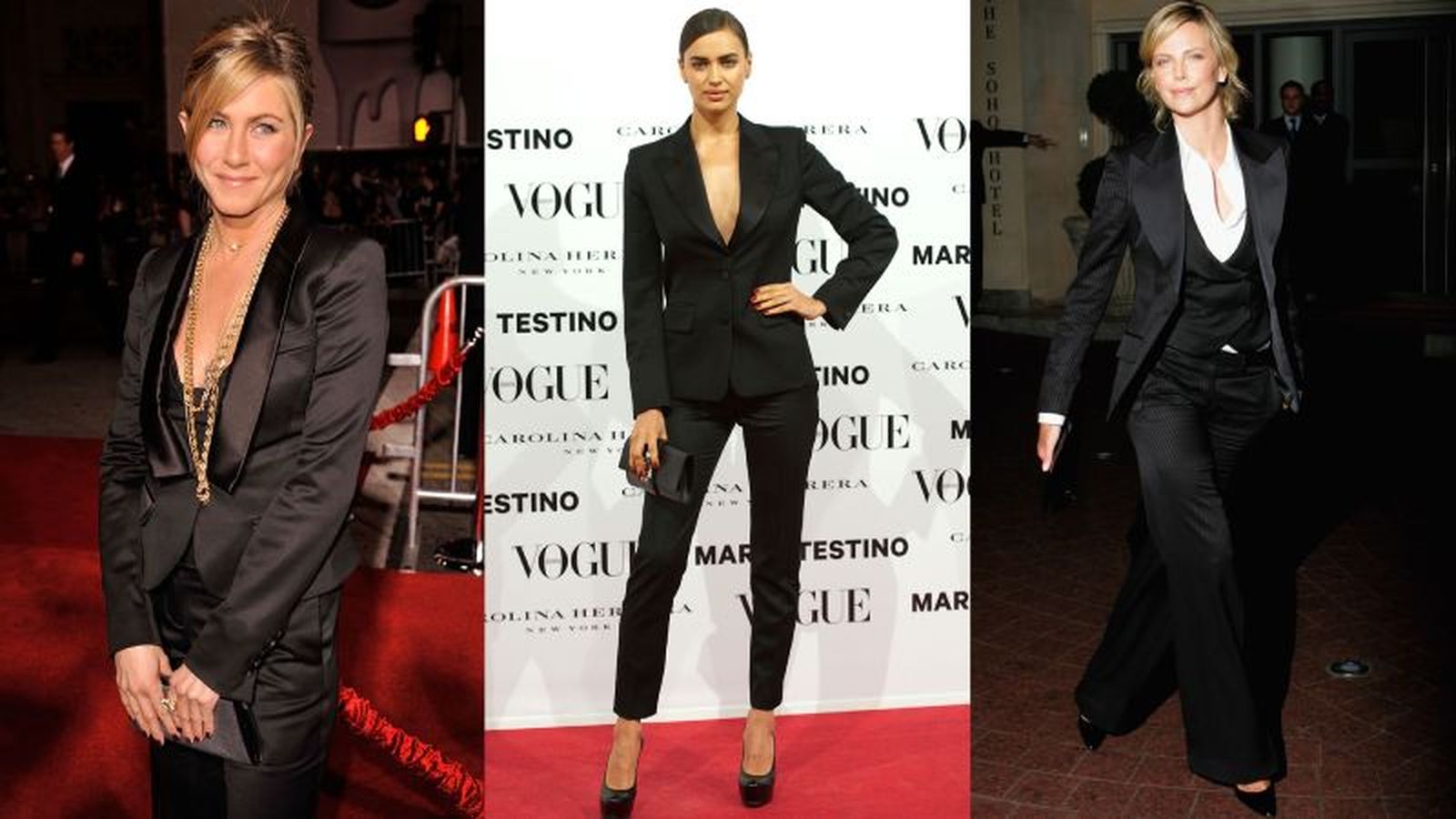 Jennifer Aniston, Irina Shayk y Charlize Theron con smoking negro de mujer / Fotos: Pinterest