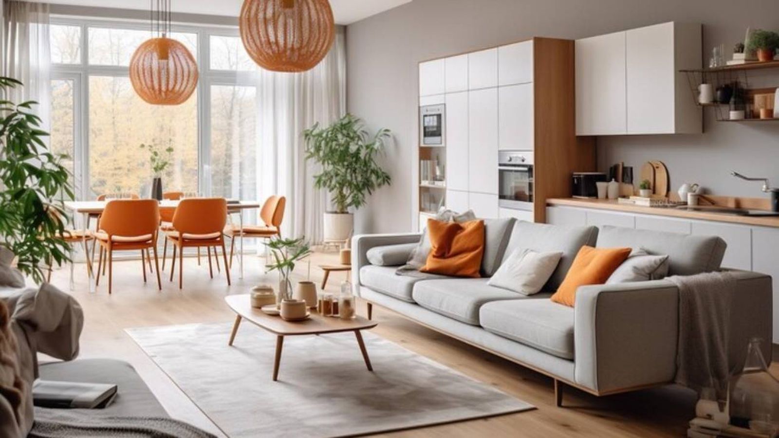 Salón moderno decorado con toques naranjas.