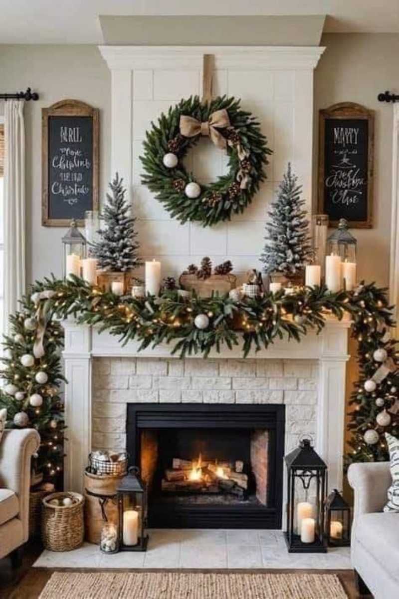 Salón con chimenea con decoración navideña verde natural.