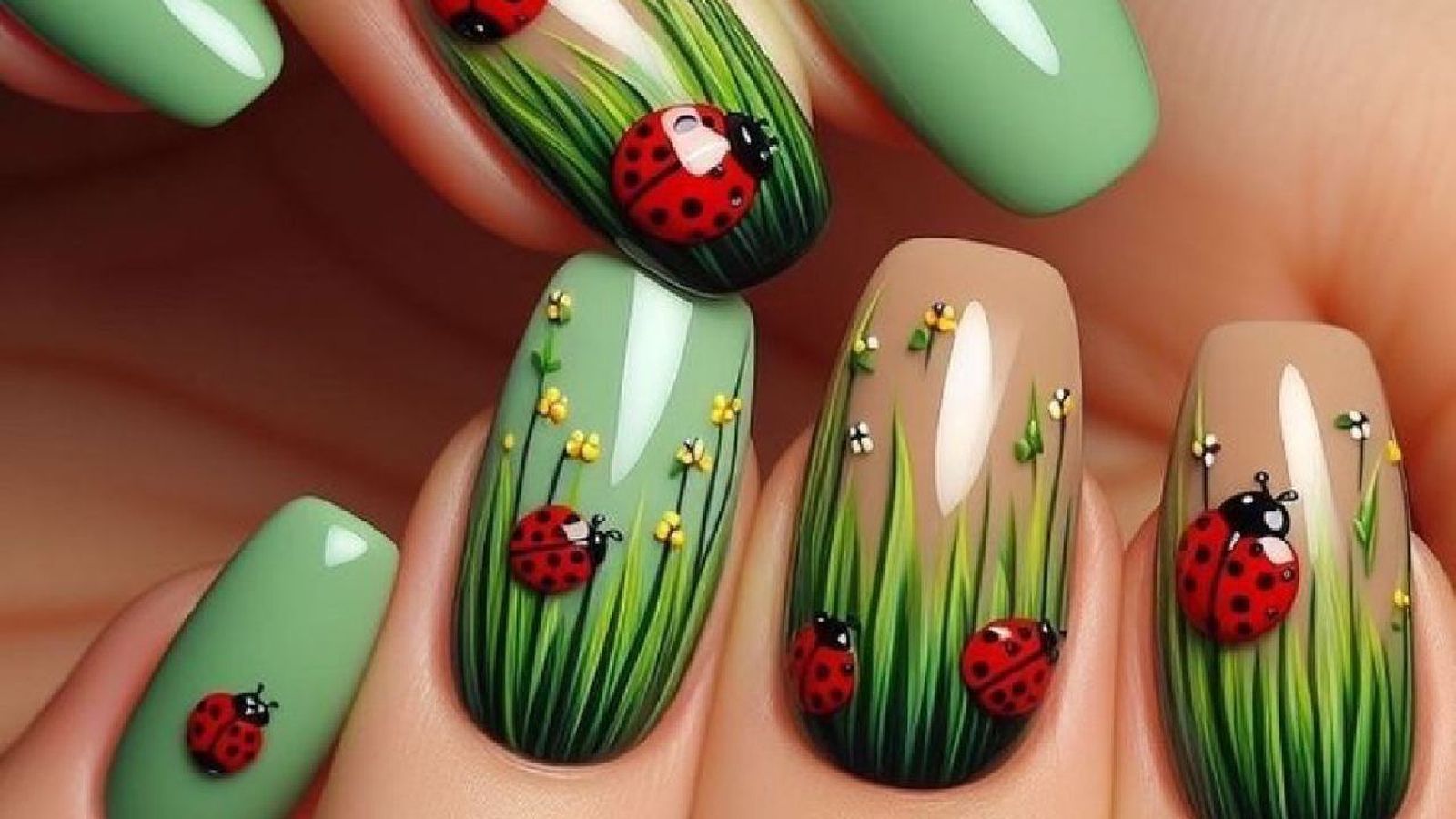 Manicura decorada con mariquitas