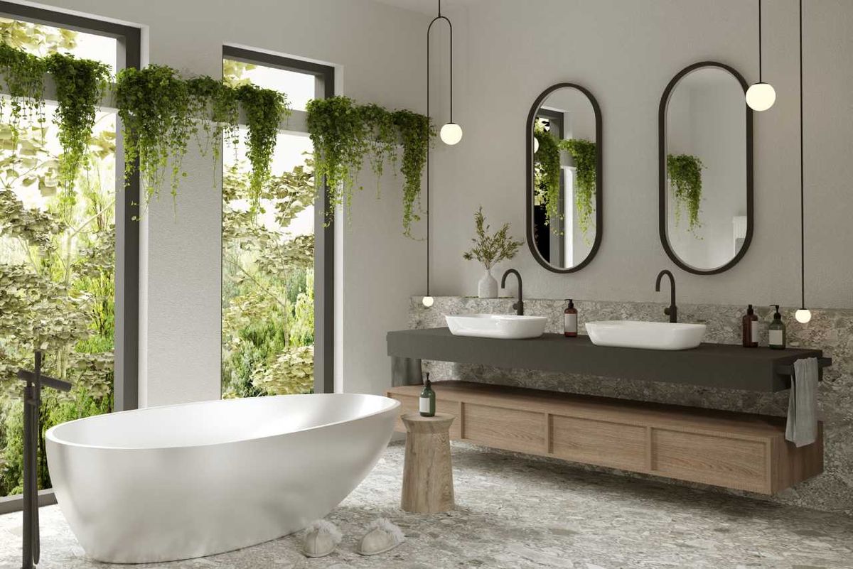 Baño lujoso con decoración natural.