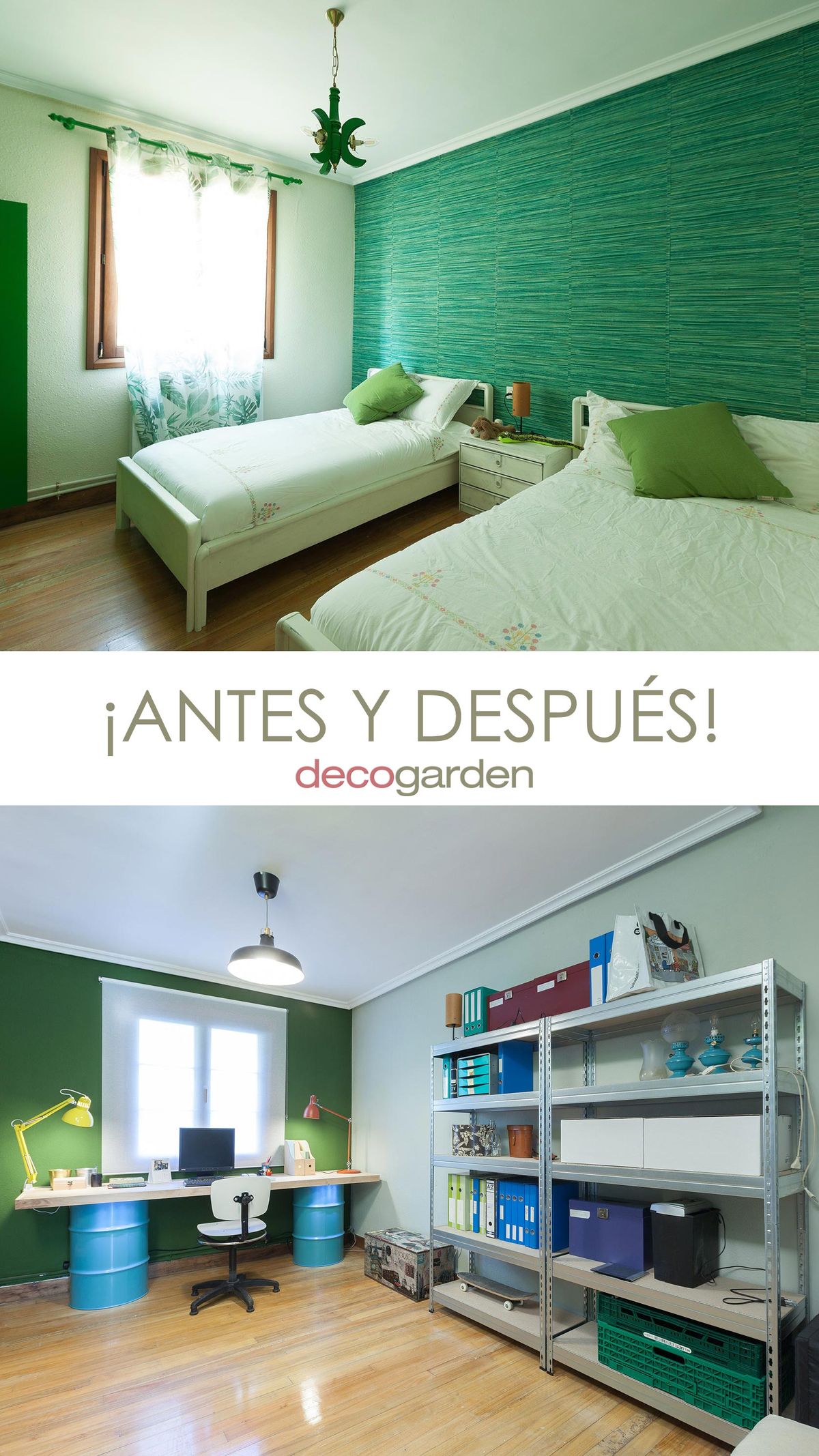 DEKO0712 Decorar estudio multifuncional color verde antes despues