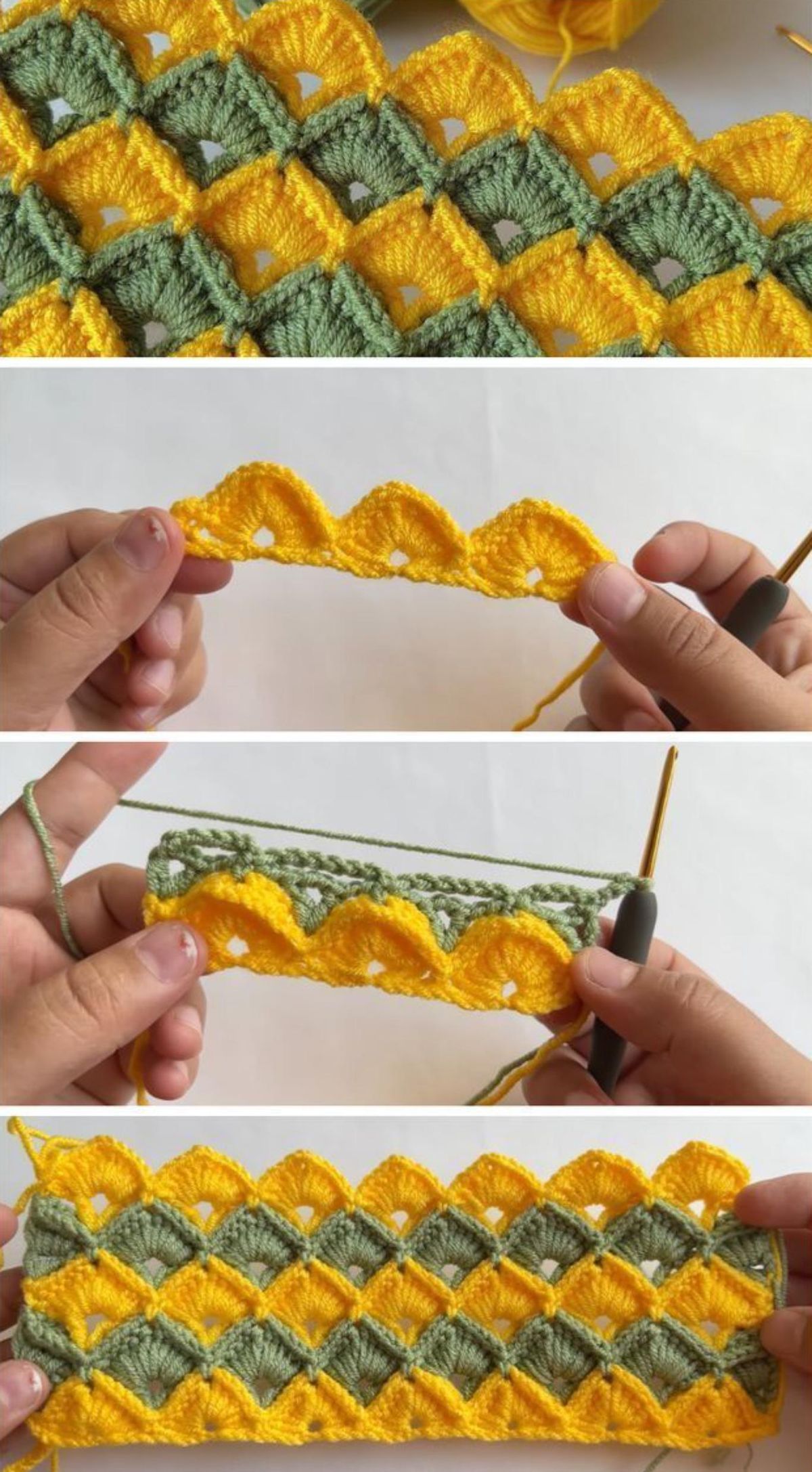 Labor a crochet en amarillo y verde con punto piña.