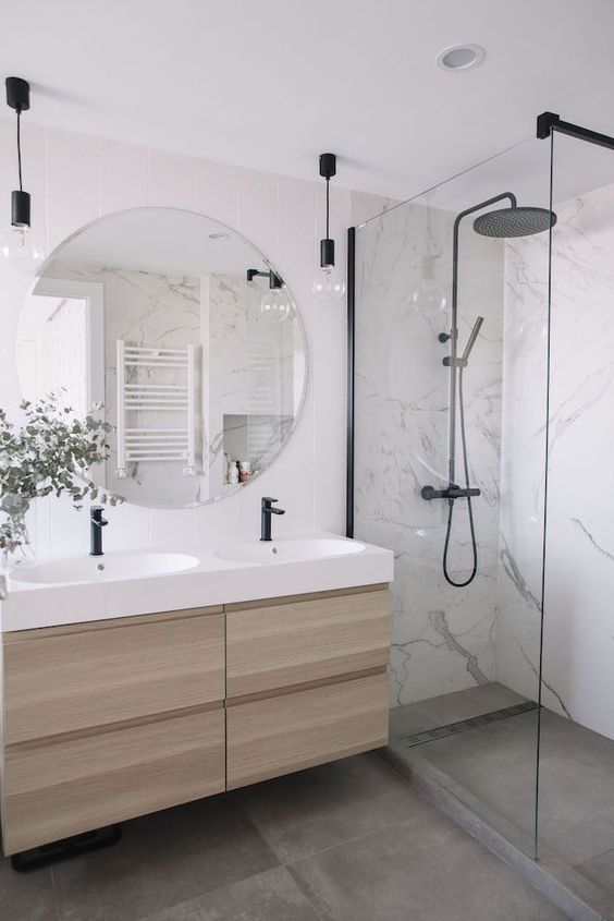 bano marmol madera blanco gris