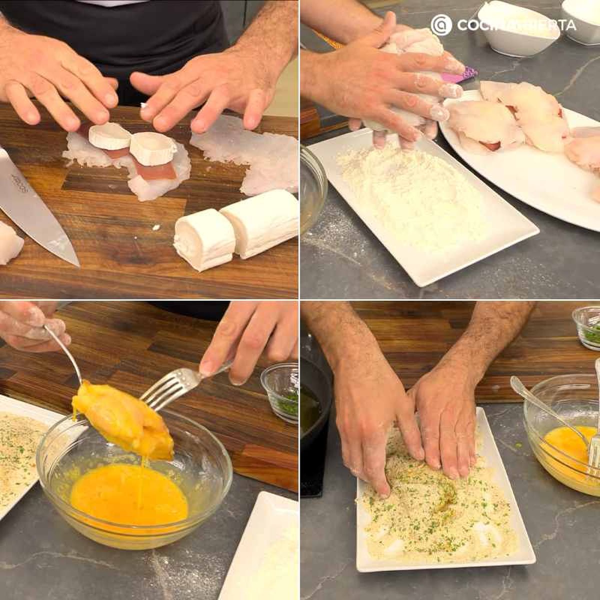 Corta y aplasta el rape, rellena y empaniza