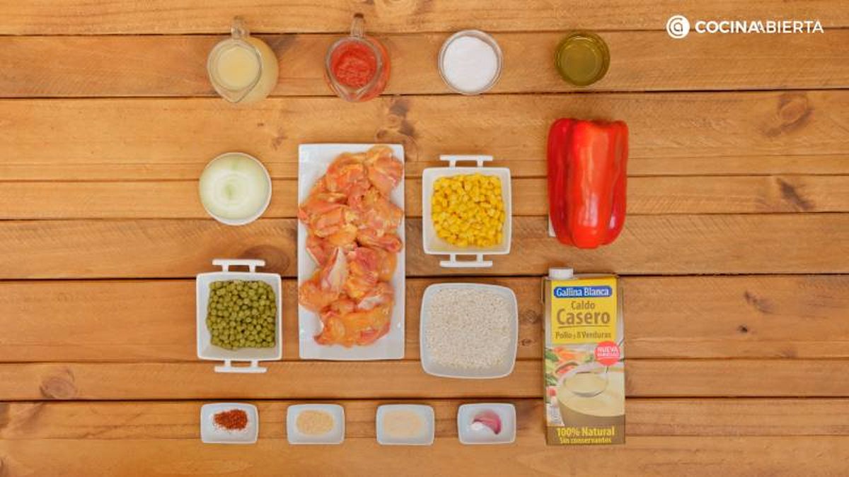 Ingredientes de la receta de guiso de arroz caldoso