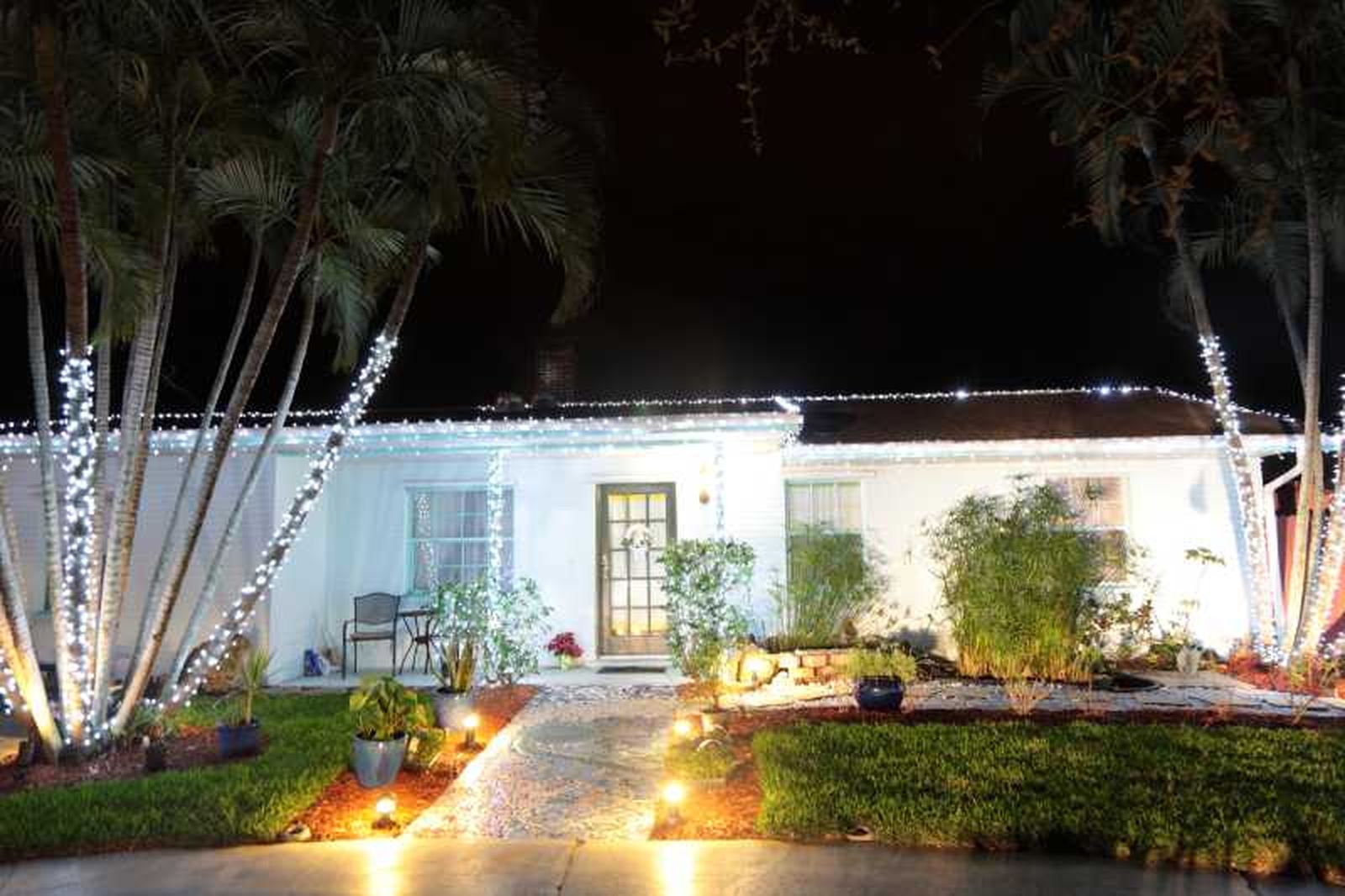 Jardín delantero decorado con luces.