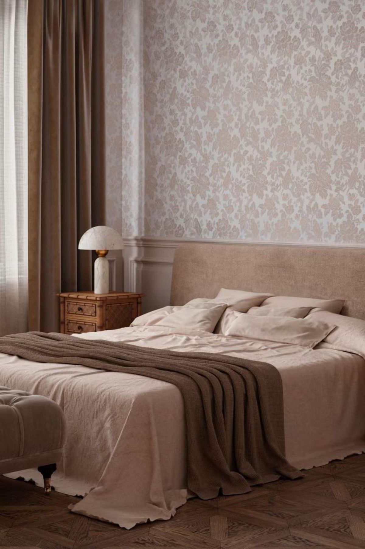 Dormitorio con textiles mocha mousse.