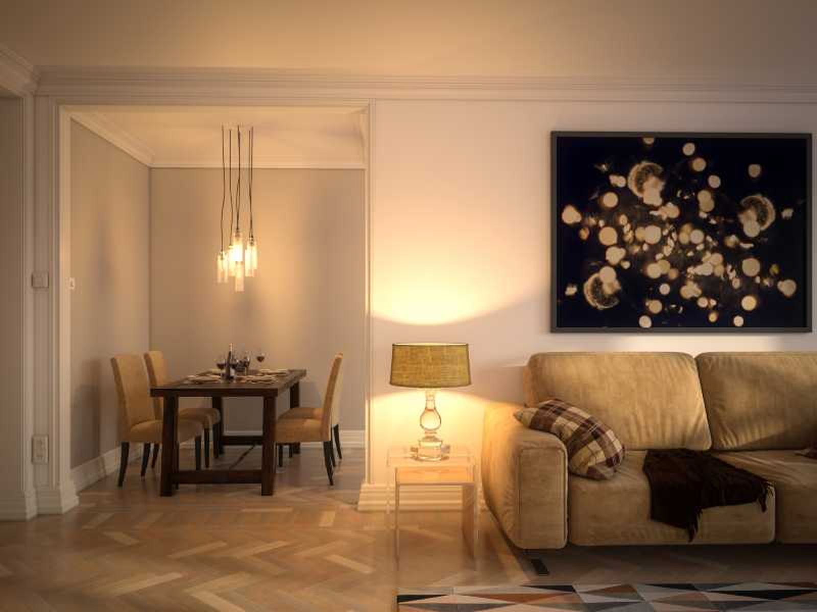 Salón con iluminación acogedora.