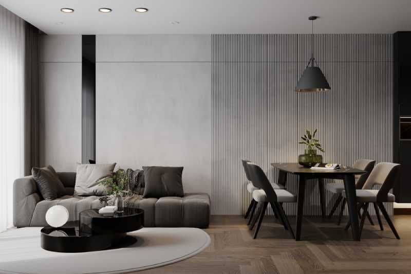 Salón comedor elegante decorado en gris plata en tonos oscuros.