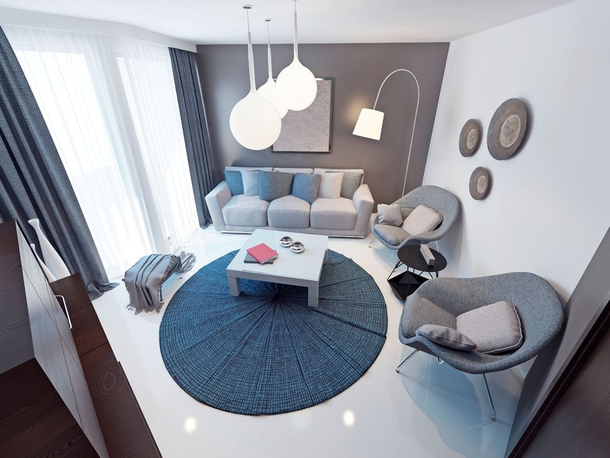 Decoración de salón en azul, gris y marrón 6