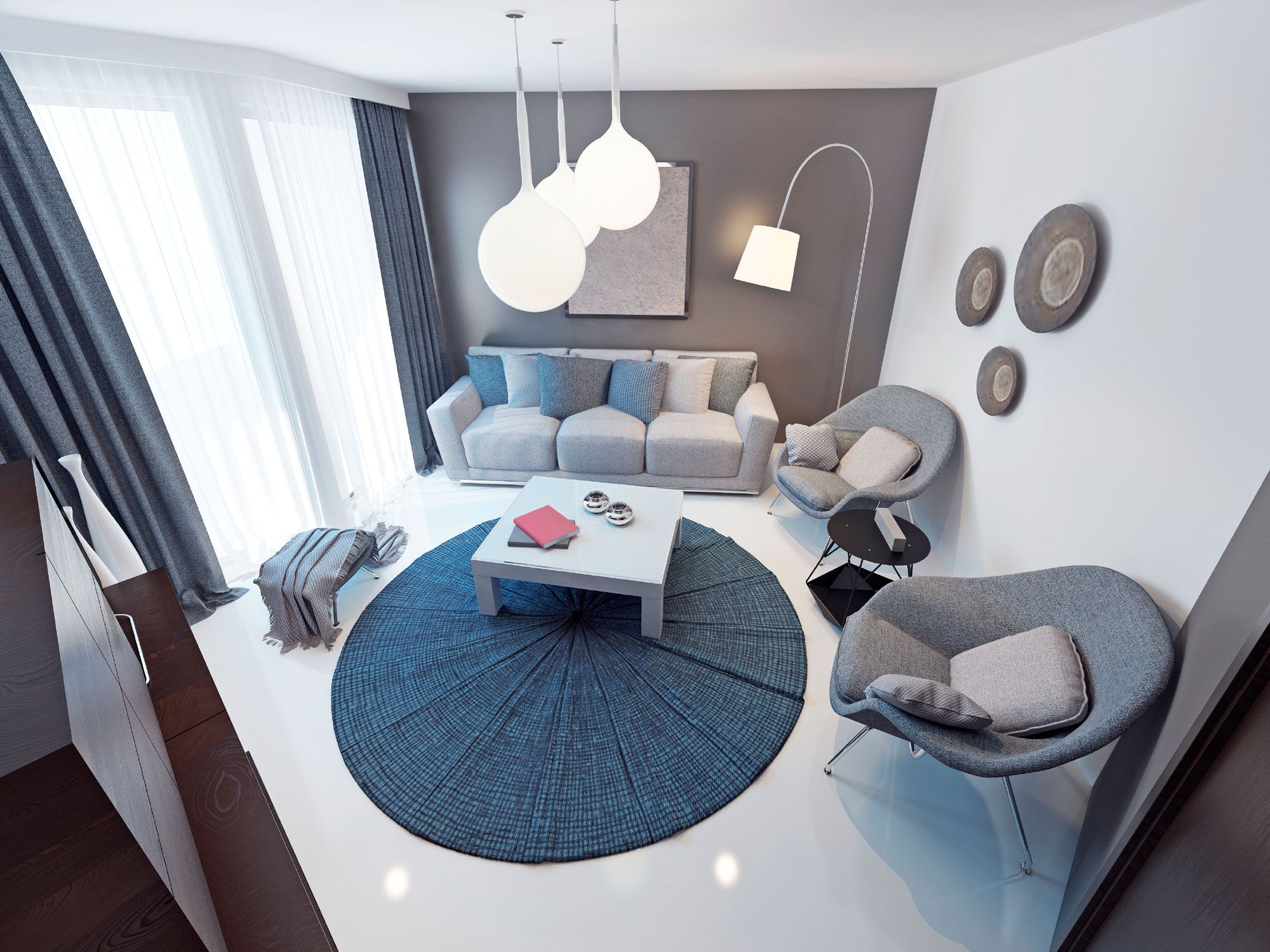 Decoración de salón en azul, gris y marrón 6