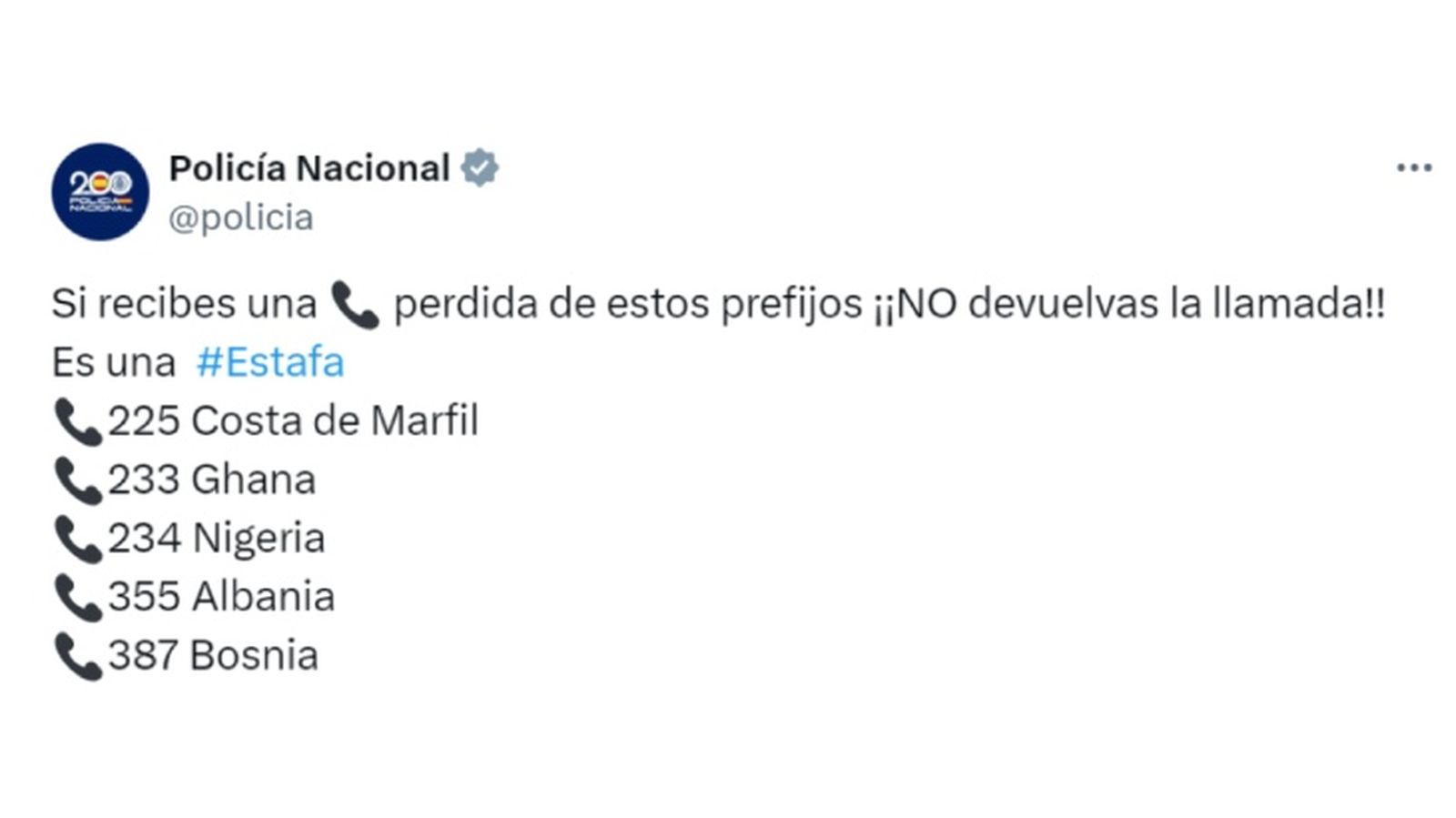En su cuenta de X, la Policía Nacional avisa sobre los prefijos sospechosos de estafa