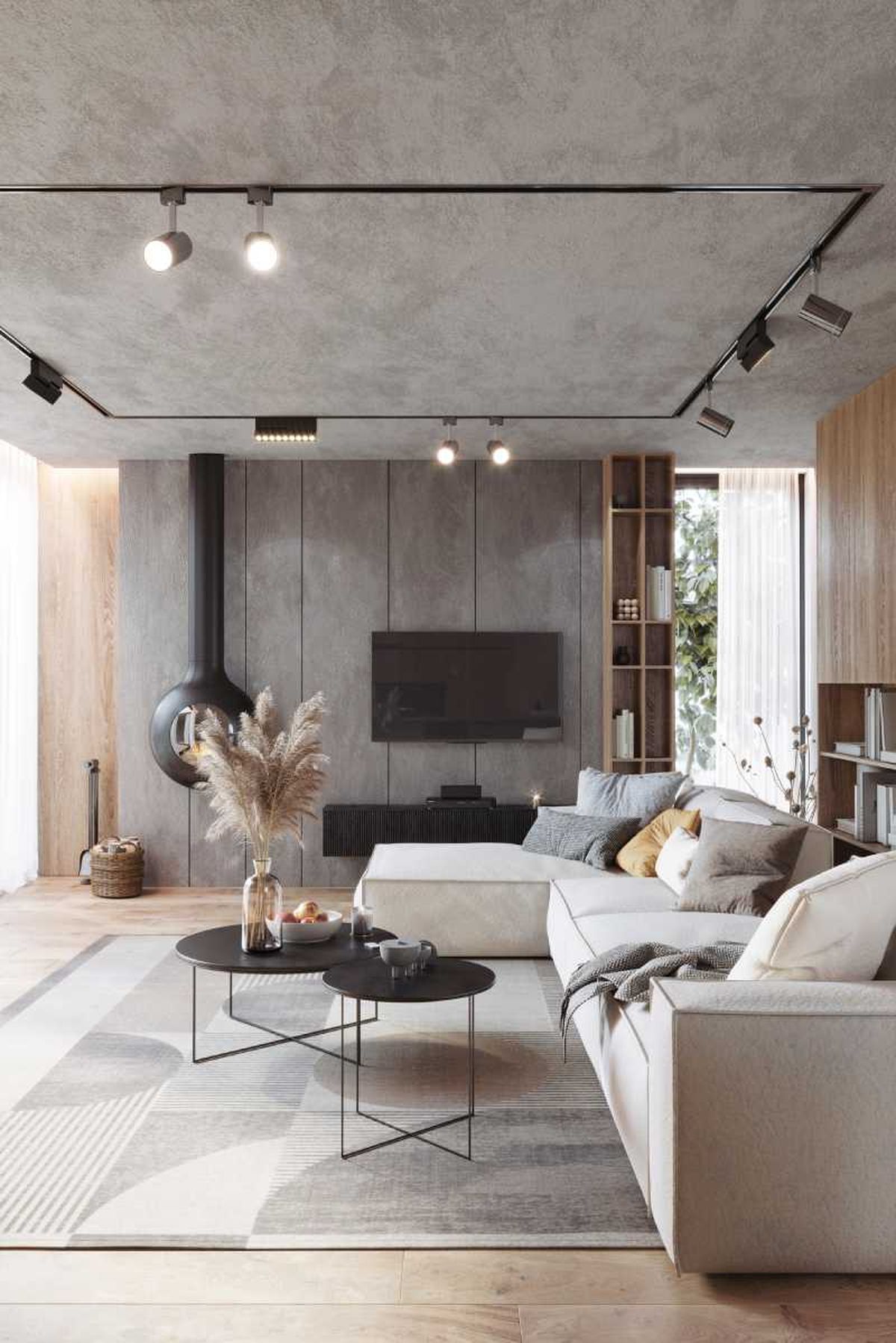 Salón moderno decorado en gris plata.