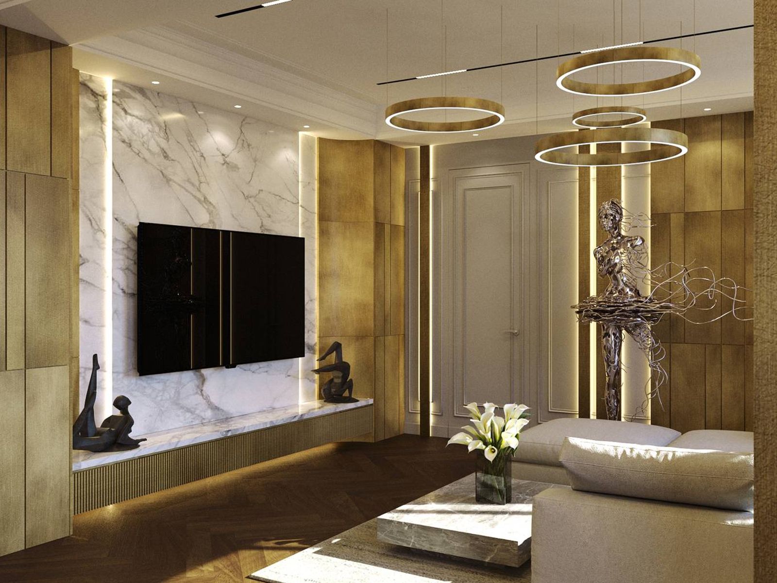 Una propuesta de decoración lujosa que combina mármol, dorado y luz ambiental con piezas escultóricas.