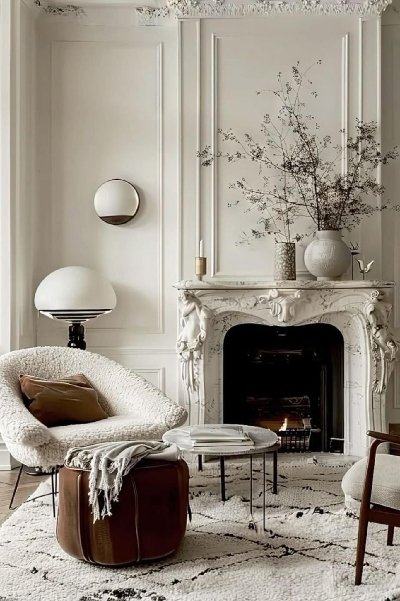 Salón elegante en blanco con tendencia la boiserie.