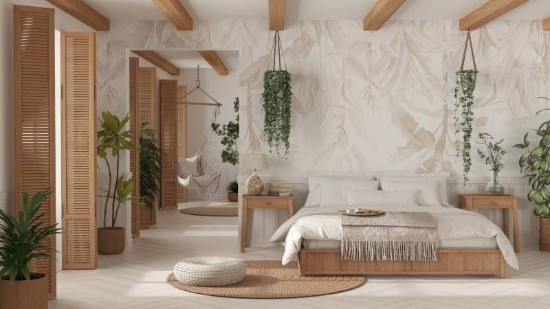Dormitorio boho moderno con dos macetas colgantes.