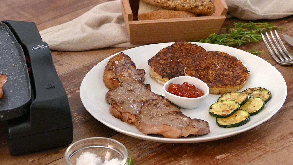 Receta de entrecot a la plancha con rösti de patata y calabacin