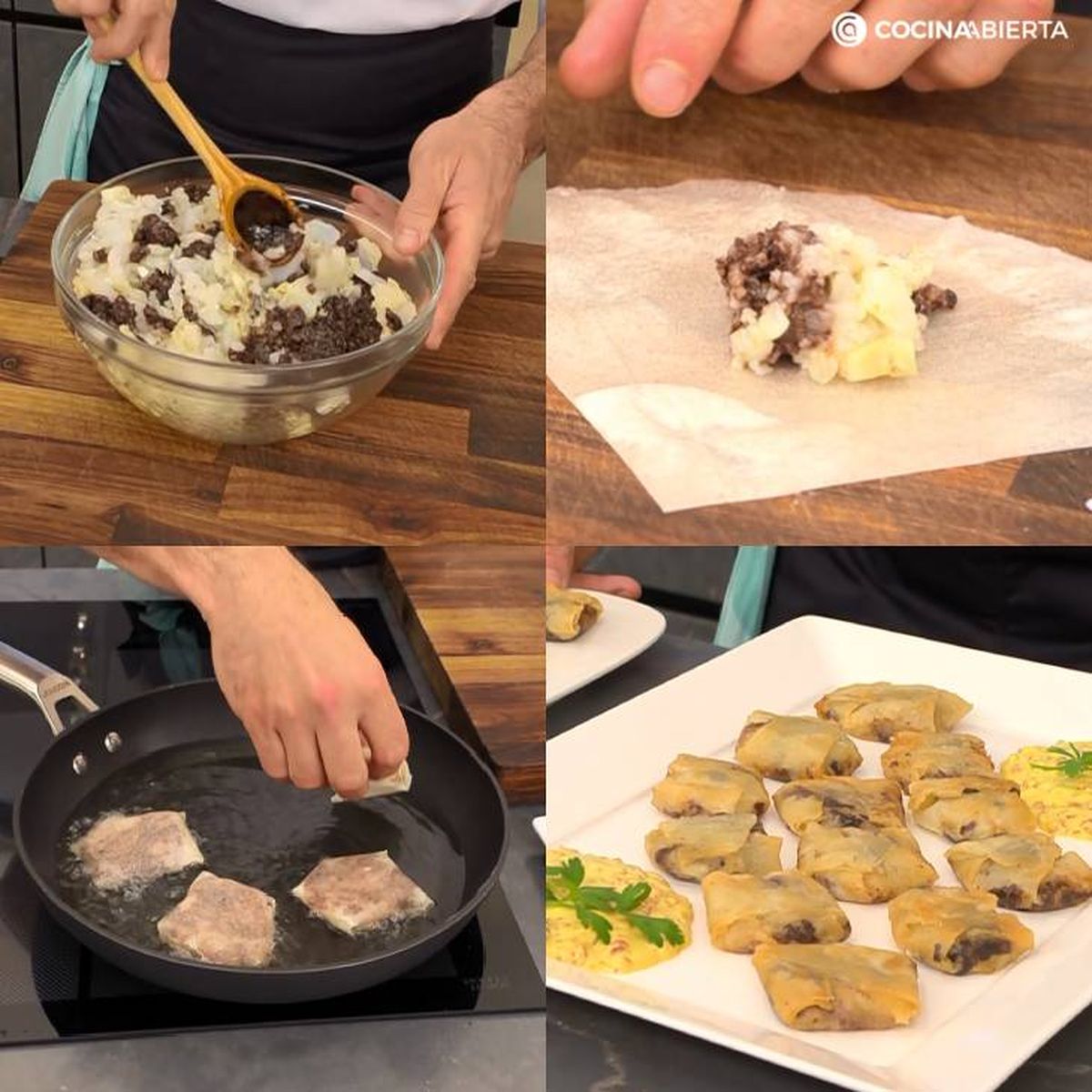 Paso a paso para hacer bombones de bacalao y morcilla con pasta brick