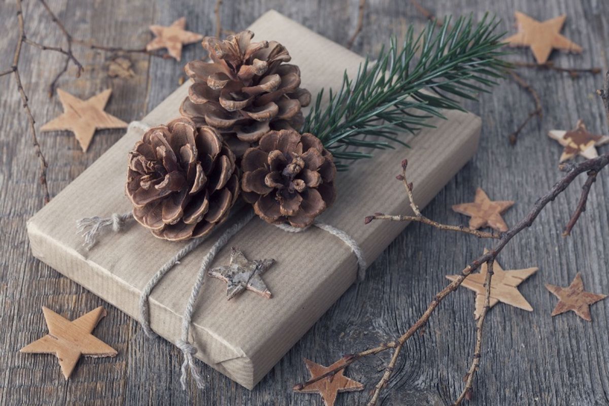 Regalo de Navidad envuelto con papel kraft y decorado con piñas secas.