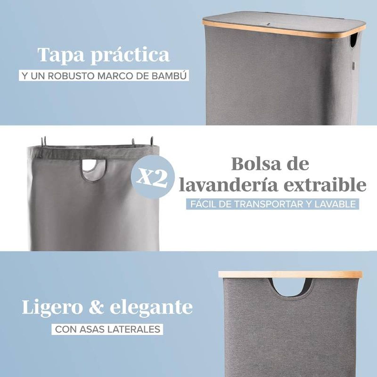 Características del cesto para la ropa sucia con dos compartimentos.