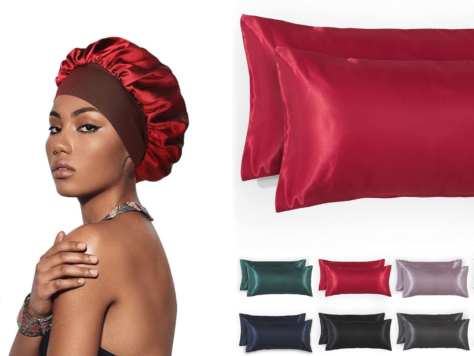 Gorro y fundas de almohada de satén / Fotos: Amazon