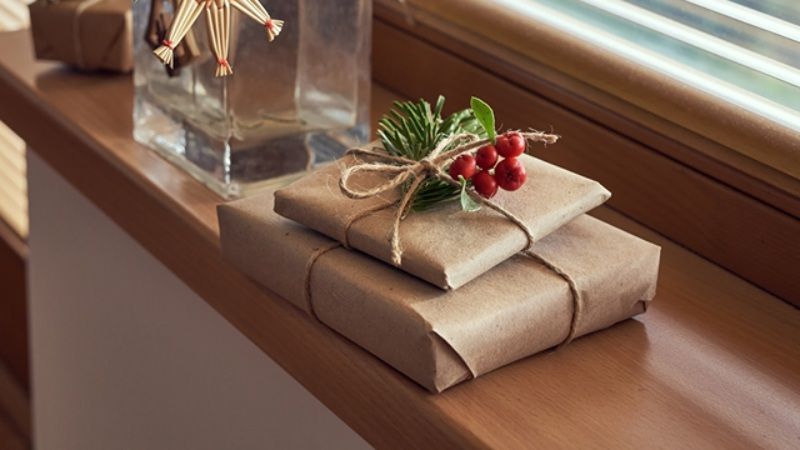 Ramas de gaulteria decorando el regalo.