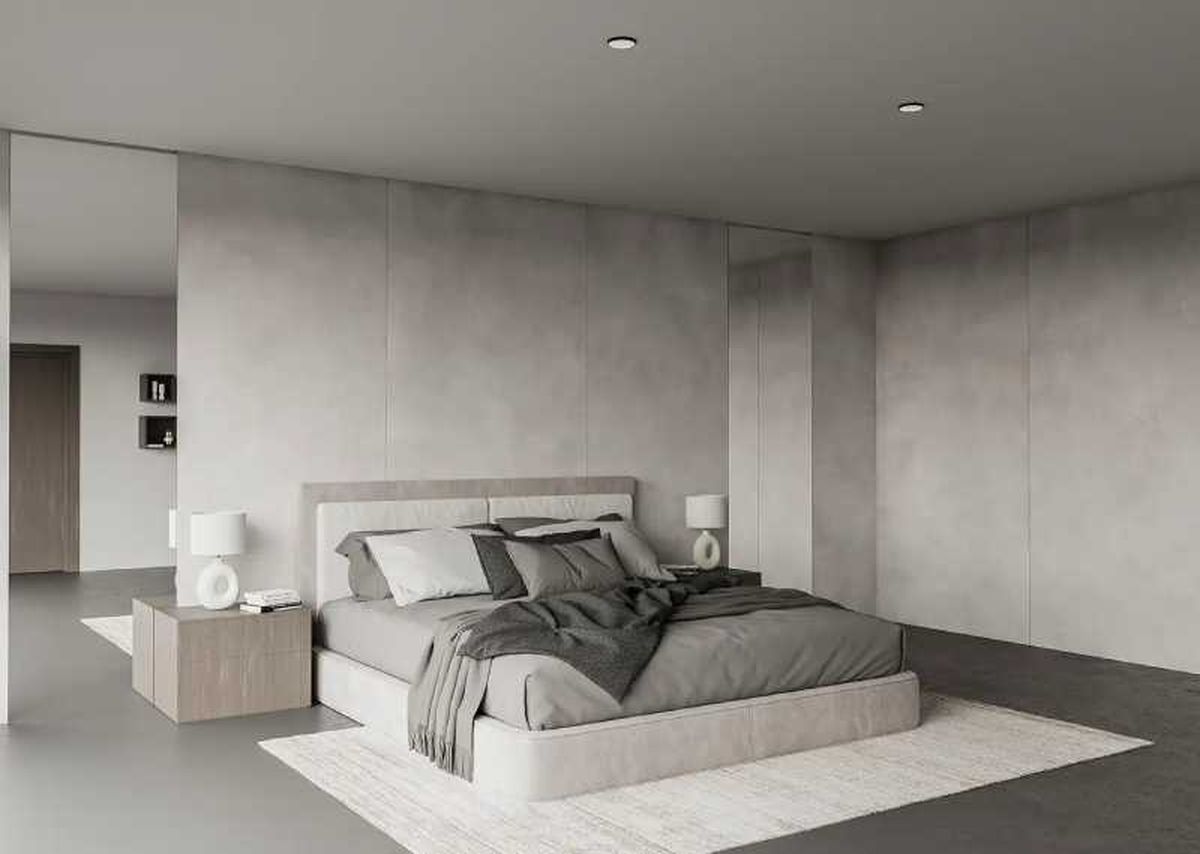 Dormitorio con panel de polvo de piedra..