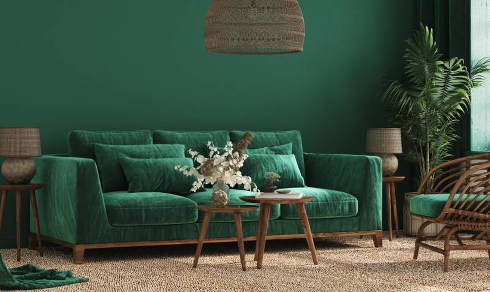 Salón con pared y sofá de terciopelo en verde bosque.