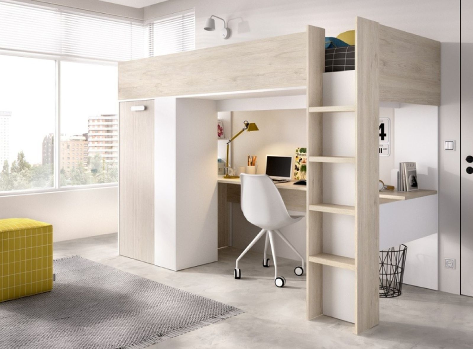 Habitación juvenil con escritorio bajo una cama alta.