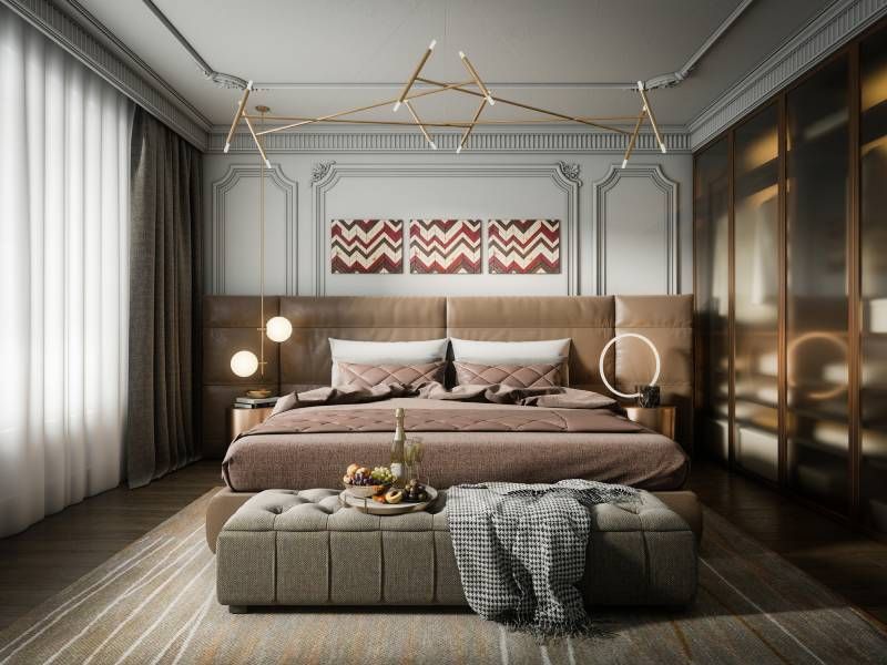 Dormitorio elegante con cabecero de cama marrón de cuero.