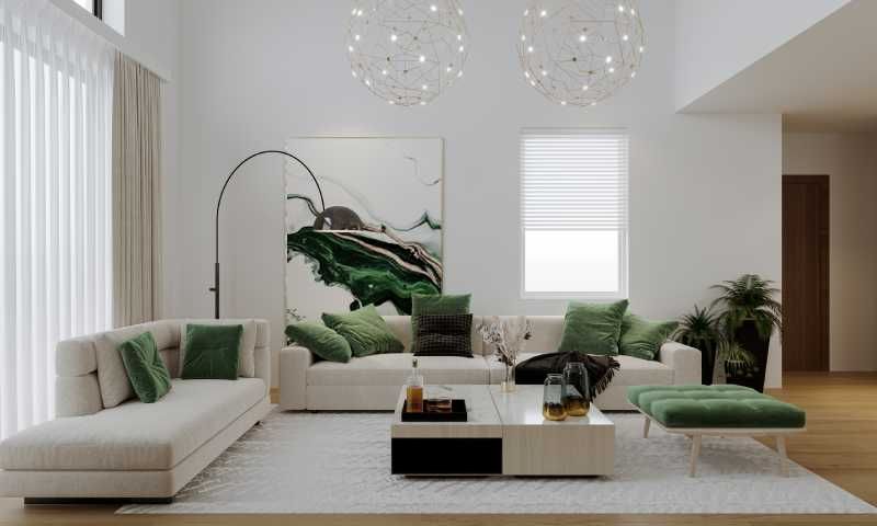Salón moderno con toques verdes.