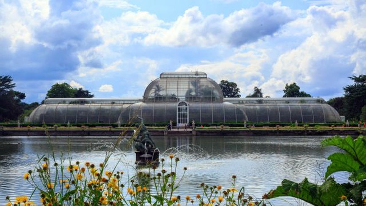 Palm house en kew gardens junto a lago